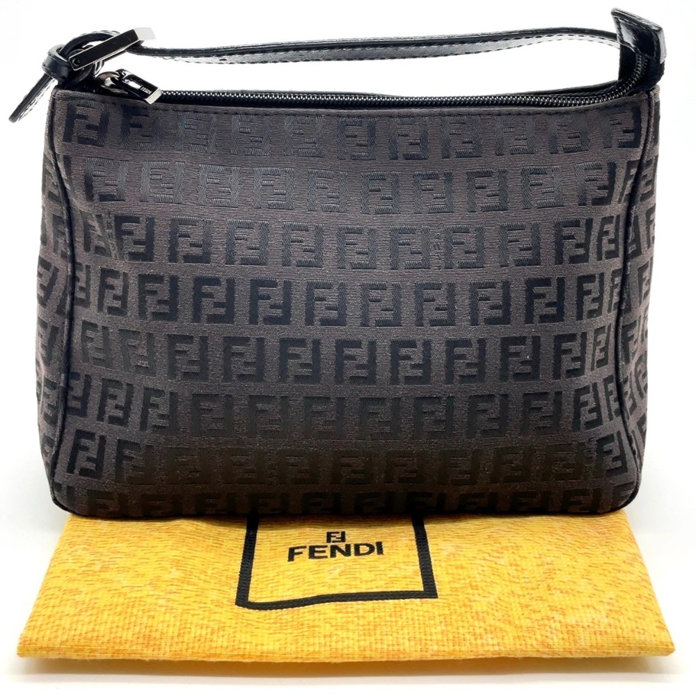 Fendi Zucchino Canvas Leather Black Mini Hand Bag W/Dustbag Authentic